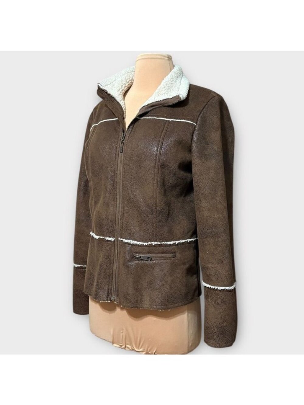 PrAna Aviator Faux Leather Jacket S Sherpa Lined Brown Beige Sheepskin Vegan EUC